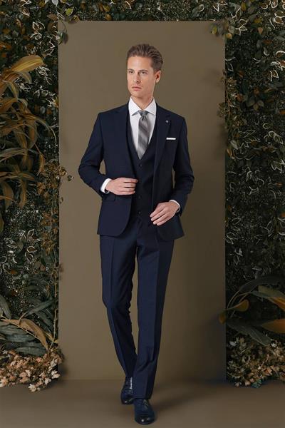 Slim Fit %94 Yün Esnek Pötikare Desenli Lacivert Yelekli Takım Elbise TK 887