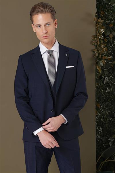 Slim Fit %94 Yün Esnek Pötikare Desenli Lacivert Yelekli Takım Elbise TK 887