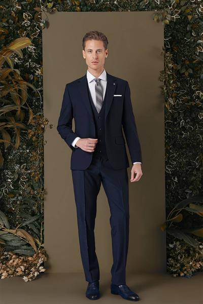 Slim Fit %94 Yün Esnek Pötikare Desenli Lacivert Yelekli Takım Elbise TK 887