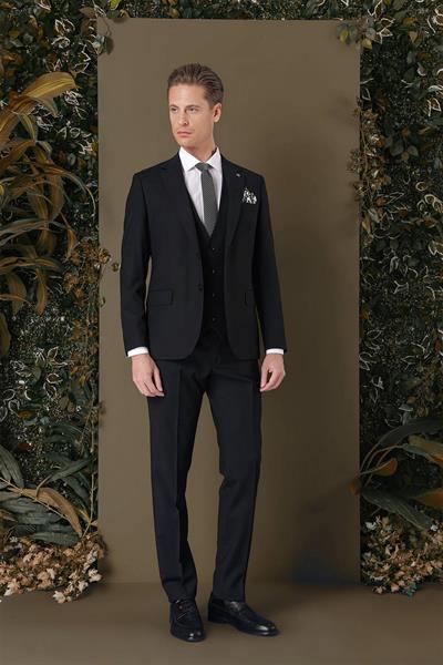Slim Fit %94 Yün Esnek Pötikare Desenli Siyah Yelekli Takım Elbise TK 887