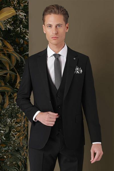Slim Fit %94 Yün Esnek Pötikare Desenli Siyah Yelekli Takım Elbise TK 887