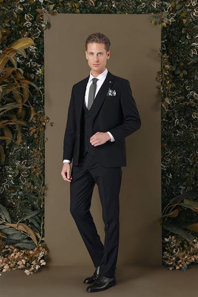 Slim Fit %94 Yün Esnek Pötikare Desenli Siyah Yelekli Takım Elbise TK 887
