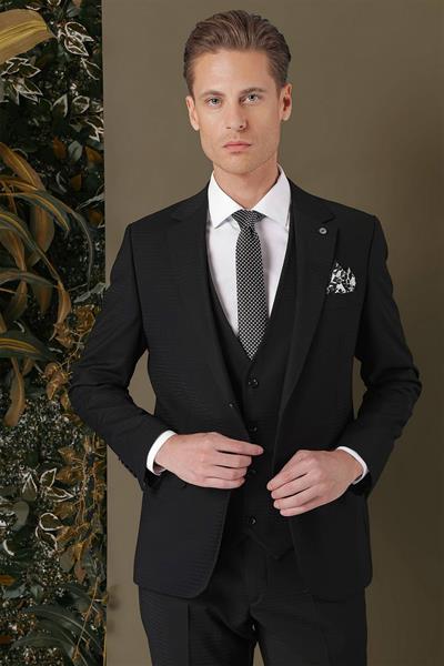 Slim Fit %94 Yün Esnek Pötikare Desenli Siyah Yelekli Takım Elbise TK 887