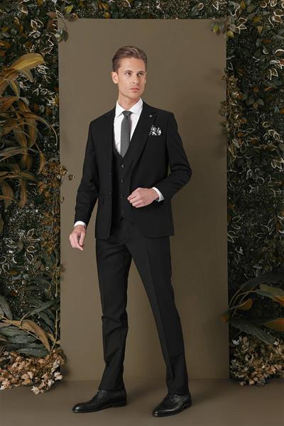 Slim Fit %94 Yün Esnek Pötikare Desenli Siyah Yelekli Takım Elbise TK 887