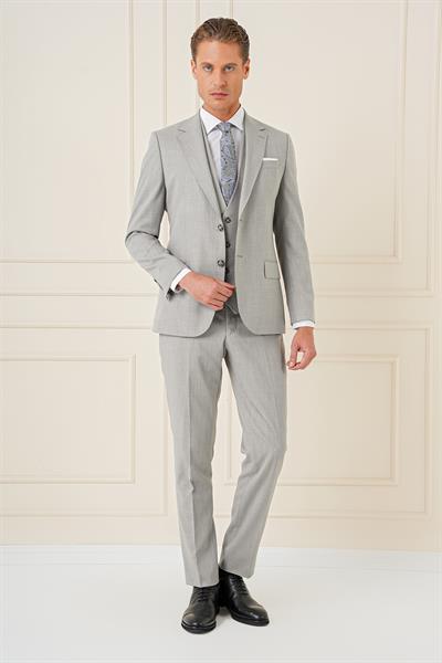 Slim Fit Çift Yırtmaç Kırçıllı Dokuma Gri Yelekli Takım Elbise TK 902