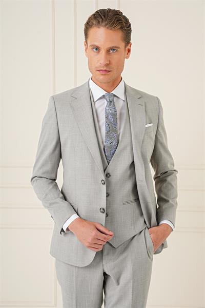 Slim Fit Çift Yırtmaç Kırçıllı Dokuma Gri Yelekli Takım Elbise TK 902