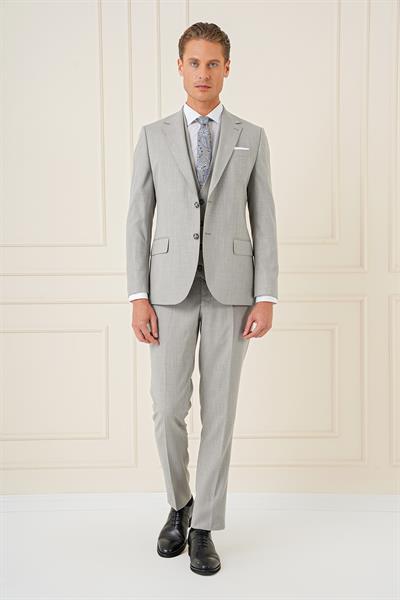 Slim Fit Çift Yırtmaç Kırçıllı Dokuma Gri Yelekli Takım Elbise TK 902