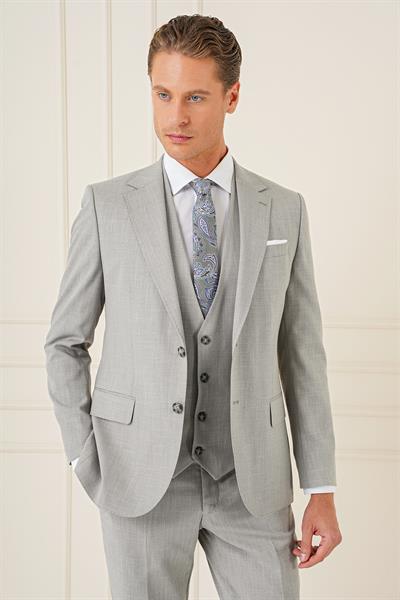 Slim Fit Çift Yırtmaç Kırçıllı Dokuma Gri Yelekli Takım Elbise TK 902