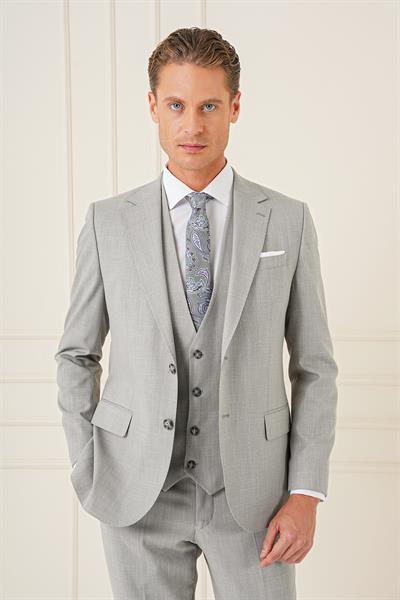 Slim Fit Çift Yırtmaç Kırçıllı Dokuma Gri Yelekli Takım Elbise TK 902