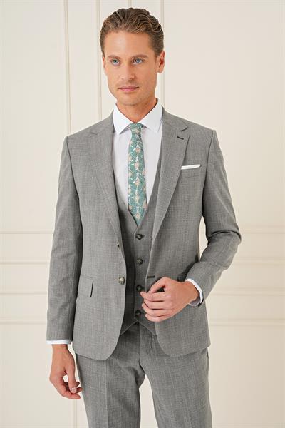 Slim Fit Çift Yırtmaç Kırçıllı Dokuma Haki Yelekli Takım Elbise TK 902