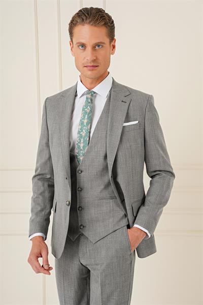 Slim Fit Çift Yırtmaç Kırçıllı Dokuma Haki Yelekli Takım Elbise TK 902