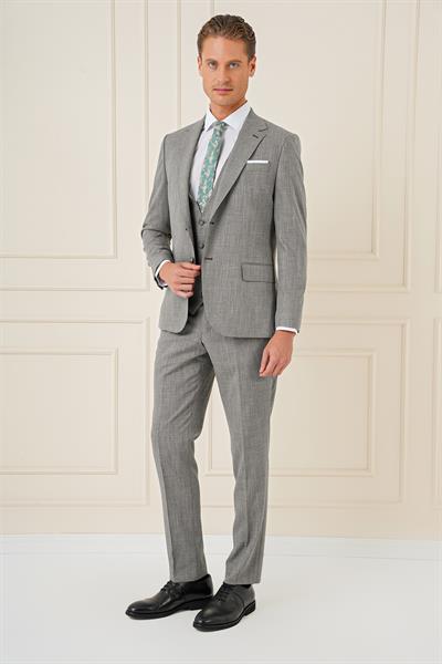 Slim Fit Çift Yırtmaç Kırçıllı Dokuma Haki Yelekli Takım Elbise TK 902