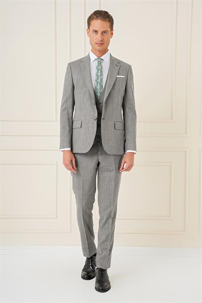 Slim Fit Çift Yırtmaç Kırçıllı Dokuma Haki Yelekli Takım Elbise TK 902
