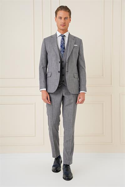 Slim Fit Çift Yırtmaç Kırçıllı Dokuma Lacivert Yelekli Takım Elbise TK 902