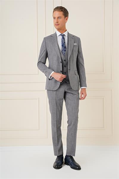 Slim Fit Çift Yırtmaç Kırçıllı Dokuma Lacivert Yelekli Takım Elbise TK 902