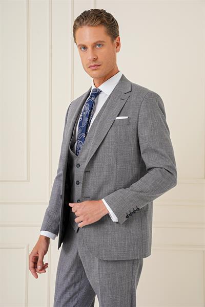 Slim Fit Çift Yırtmaç Kırçıllı Dokuma Lacivert Yelekli Takım Elbise TK 902