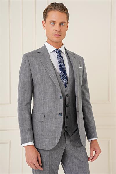 Slim Fit Çift Yırtmaç Kırçıllı Dokuma Lacivert Yelekli Takım Elbise TK 902