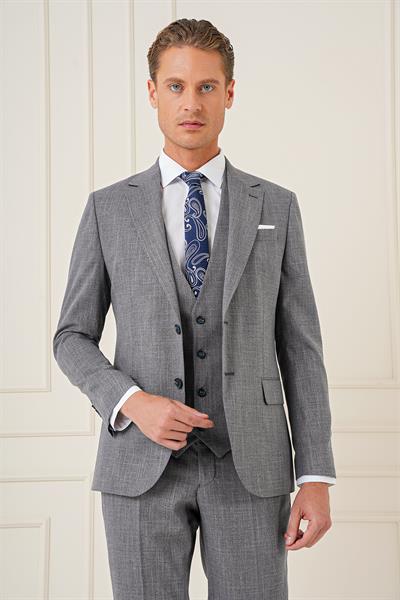 Slim Fit Çift Yırtmaç Kırçıllı Dokuma Lacivert Yelekli Takım Elbise TK 902