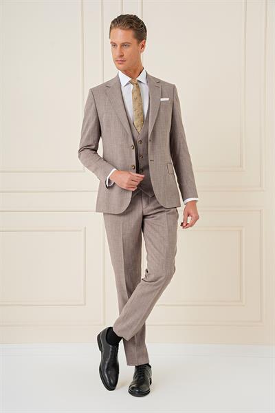 Slim Fit Çift Yırtmaç Kırçıllı Dokuma Vizon Yelekli Takım Elbise TK 902