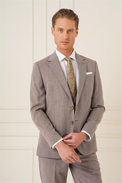 Slim Fit Çift Yırtmaç Kırçıllı Dokuma Vizon Yelekli Takım Elbise TK 902