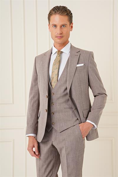 Slim Fit Çift Yırtmaç Kırçıllı Dokuma Vizon Yelekli Takım Elbise TK 902