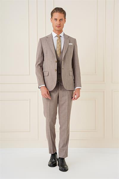 Slim Fit Çift Yırtmaç Kırçıllı Dokuma Vizon Yelekli Takım Elbise TK 902