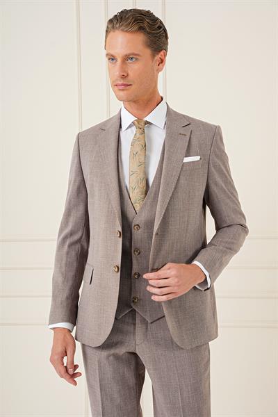 Slim Fit Çift Yırtmaç Kırçıllı Dokuma Vizon Yelekli Takım Elbise TK 902