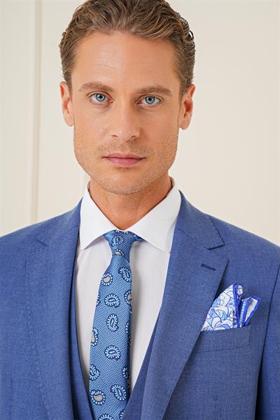 Slim Fit Mono Yaka Yünlü Esnek İndigo Mavi Yelekli Takım Elbise TK 903