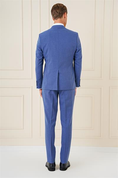 Slim Fit Mono Yaka Yünlü Esnek İndigo Mavi Yelekli Takım Elbise TK 903