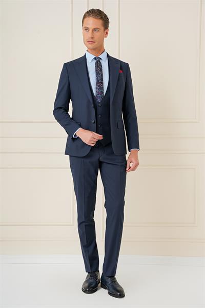 Slim Fit Sivri Yaka Çizgi Dokulu Lacivert Yelekli Takım Elbise TK 904