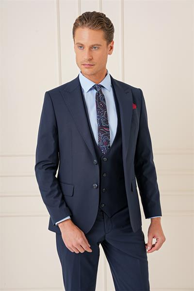 Slim Fit Sivri Yaka Çizgi Dokulu Lacivert Yelekli Takım Elbise TK 904