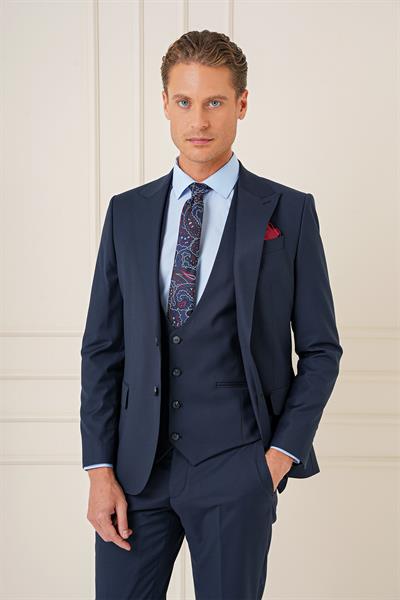 Slim Fit Sivri Yaka Çizgi Dokulu Lacivert Yelekli Takım Elbise TK 904