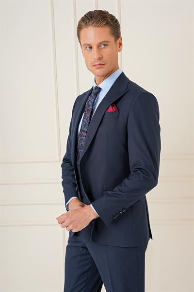 Slim Fit Sivri Yaka Çizgi Dokulu Lacivert Yelekli Takım Elbise TK 904