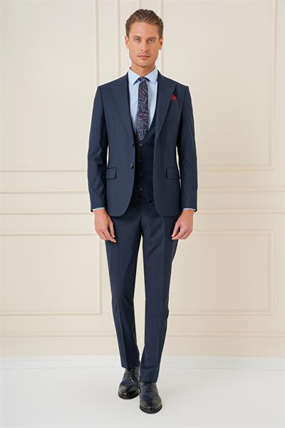 Slim Fit Sivri Yaka Çizgi Dokulu Lacivert Yelekli Takım Elbise TK 904