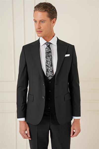 Slim Fit Sivri Yaka Çizgi Dokulu Siyah Yelekli Takım Elbise TK 904