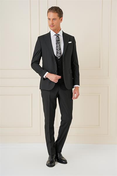 Slim Fit Sivri Yaka Çizgi Dokulu Siyah Yelekli Takım Elbise TK 904