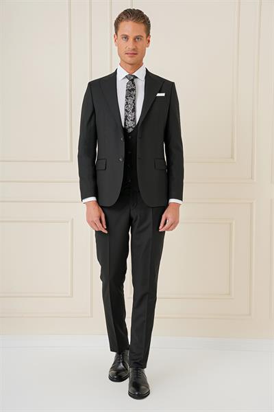 Slim Fit Sivri Yaka Çizgi Dokulu Siyah Yelekli Takım Elbise TK 904