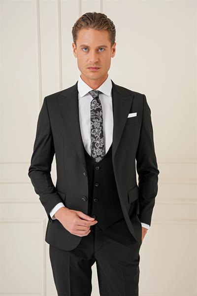 Slim Fit Sivri Yaka Çizgi Dokulu Siyah Yelekli Takım Elbise TK 904