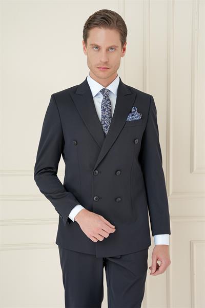 Slim Fit Çift Yırtmaç Esnek Düz Lacivert Kruvaze Takım Elbise TK 905