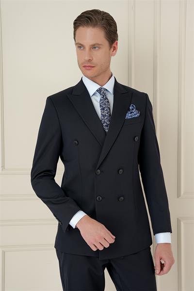 Slim Fit Çift Yırtmaç Esnek Düz Lacivert Kruvaze Takım Elbise TK 905