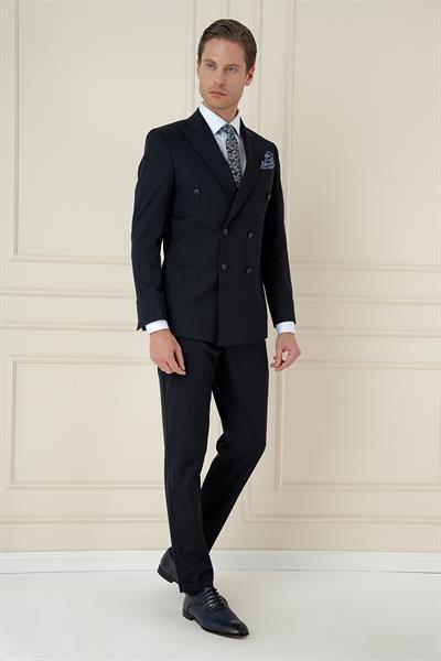 Slim Fit Çift Yırtmaç Esnek Düz Lacivert Kruvaze Takım Elbise TK 905