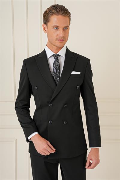 Slim Fit Çift Yırtmaç Esnek Düz Siyah Kruvaze Takım Elbise TK 905
