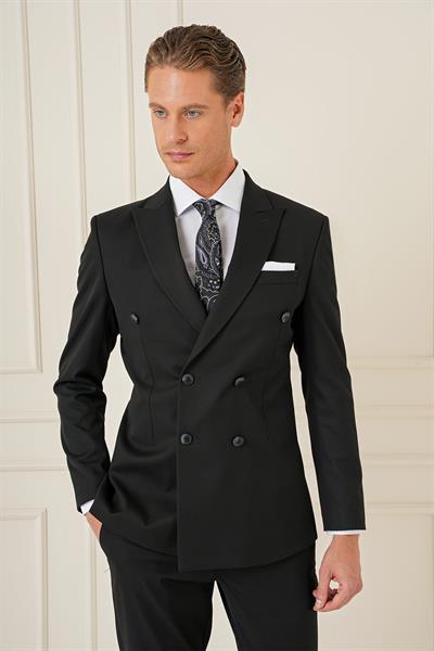 Slim Fit Çift Yırtmaç Esnek Düz Siyah Kruvaze Takım Elbise TK 905