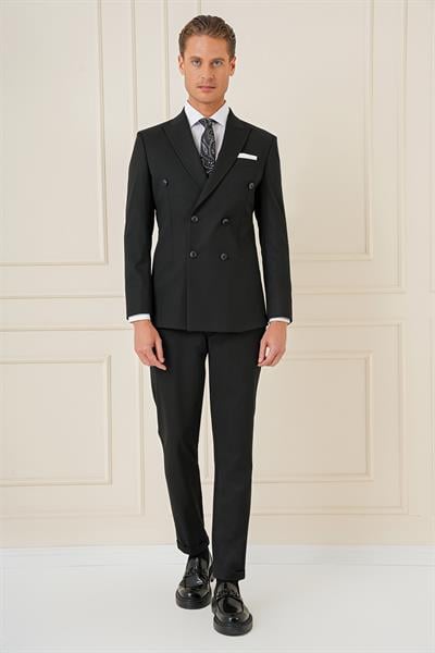 Slim Fit Çift Yırtmaç Esnek Düz Siyah Kruvaze Takım Elbise TK 905