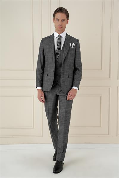 Slim Fit Kırçıllı Dokuma Yünlü Antrasit Yelekli Takım Elbise TK 906
