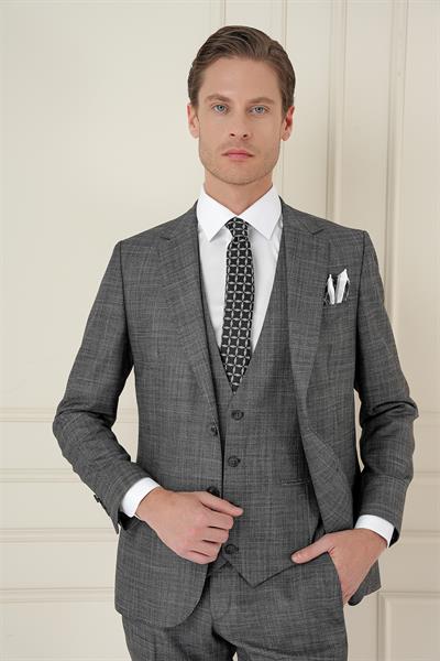 Slim Fit Kırçıllı Dokuma Yünlü Antrasit Yelekli Takım Elbise TK 906
