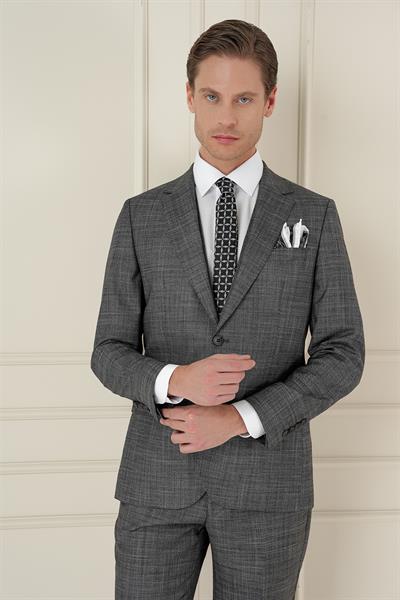 Slim Fit Kırçıllı Dokuma Yünlü Antrasit Yelekli Takım Elbise TK 906