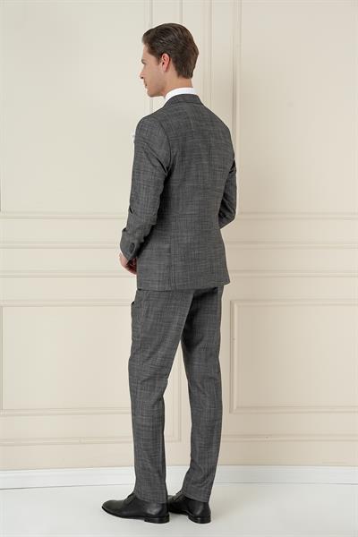 Slim Fit Kırçıllı Dokuma Yünlü Antrasit Yelekli Takım Elbise TK 906