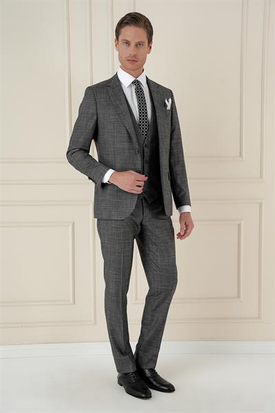 Slim Fit Kırçıllı Dokuma Yünlü Antrasit Yelekli Takım Elbise TK 906