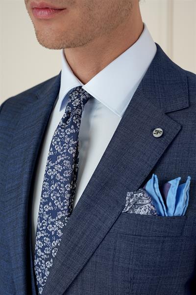 Slim Fit Kırçıllı Dokuma Yünlü Lacivert Yelekli Takım Elbise TK 906